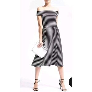 Banana Republic Midi Dress Women's 8 Black White Striped Off The Shoulder Preppy